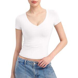 Women's Splashed White V Neck Short Sleeve T Shirts Slim Fit Sexy Collection